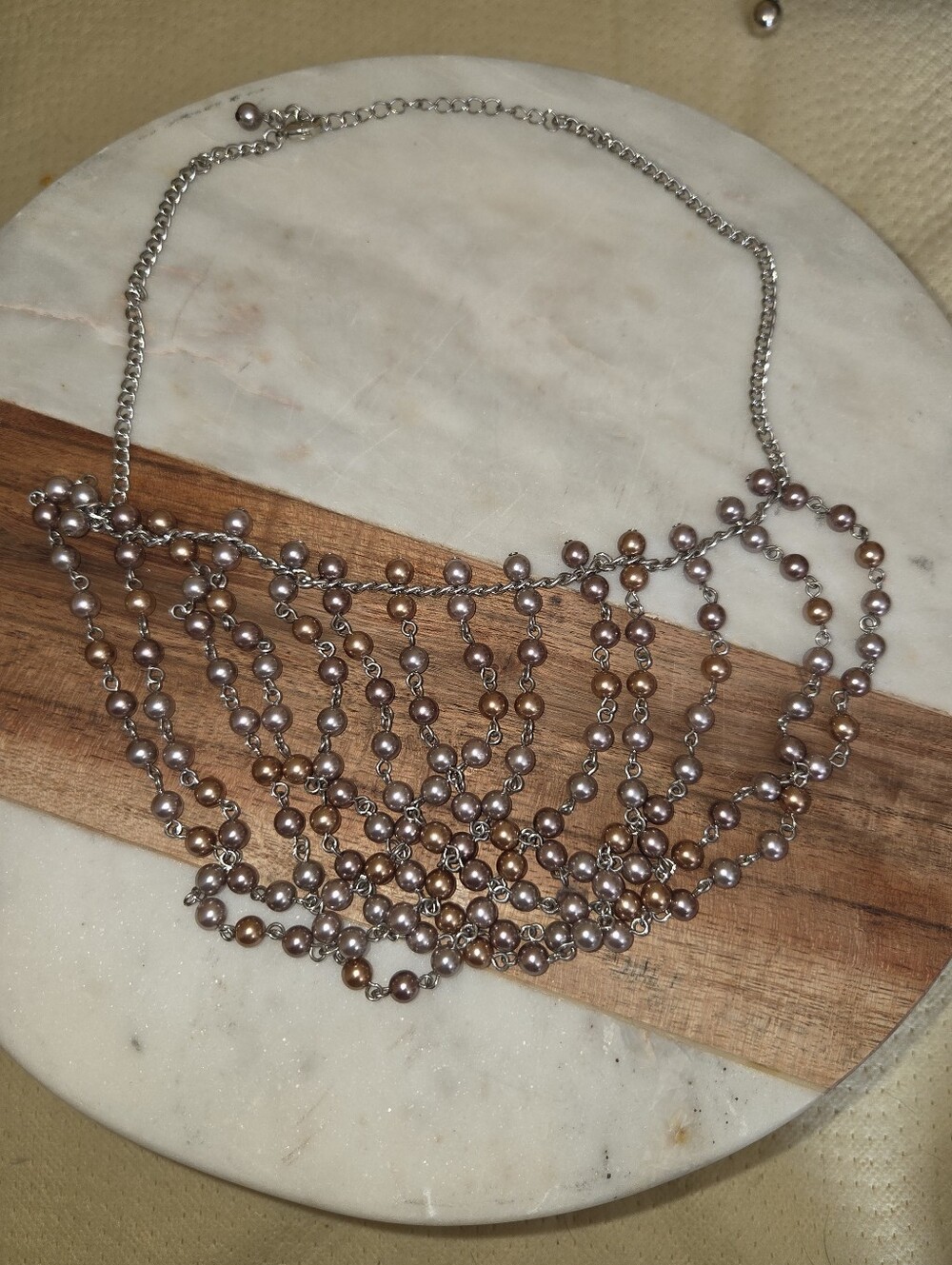 Multi-Strand Silver and Bronze Colour Bead Statement Necklace - Women's Jewelry